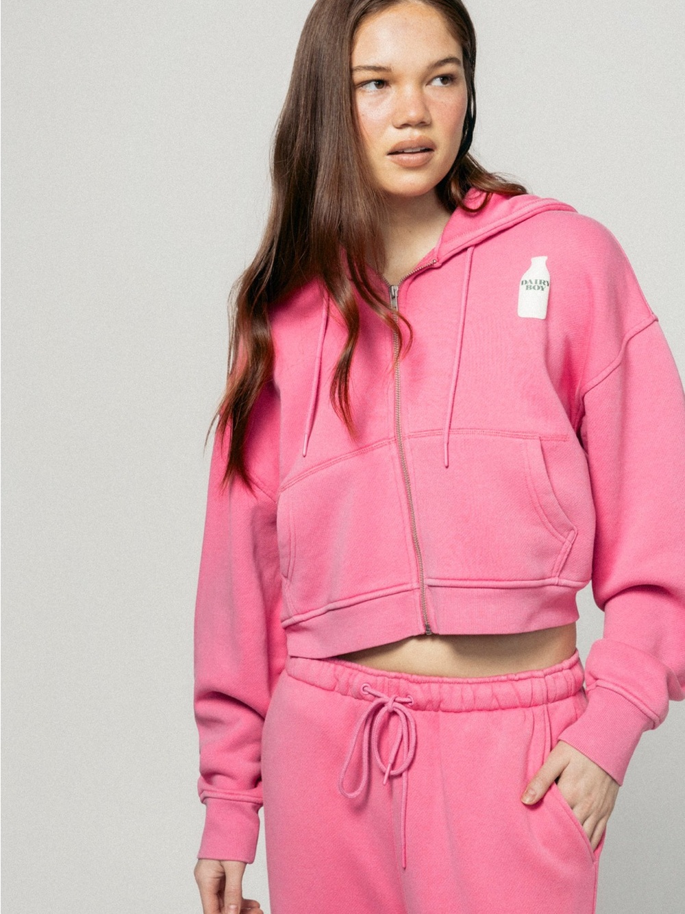 Dairy Boy Milk Bottle Pink Cropped Zip Hoodie Jacket - Size Large
